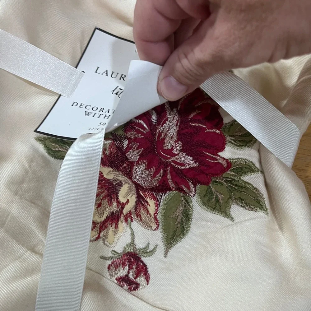 Laura Ashley Lifestyles Rose Embroidered Tassel Throw Blanket Ivory Burgundy